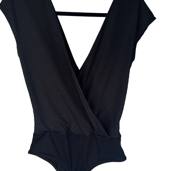 2/$30 ZARA Black Ribbed Small Deep V-Neck Bodysuit Stretch Knit - Picture 1 of 10